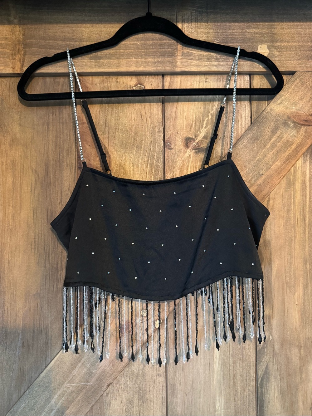 Urban Outfitters Black Beaded Fringe Cami with Silver Straps
